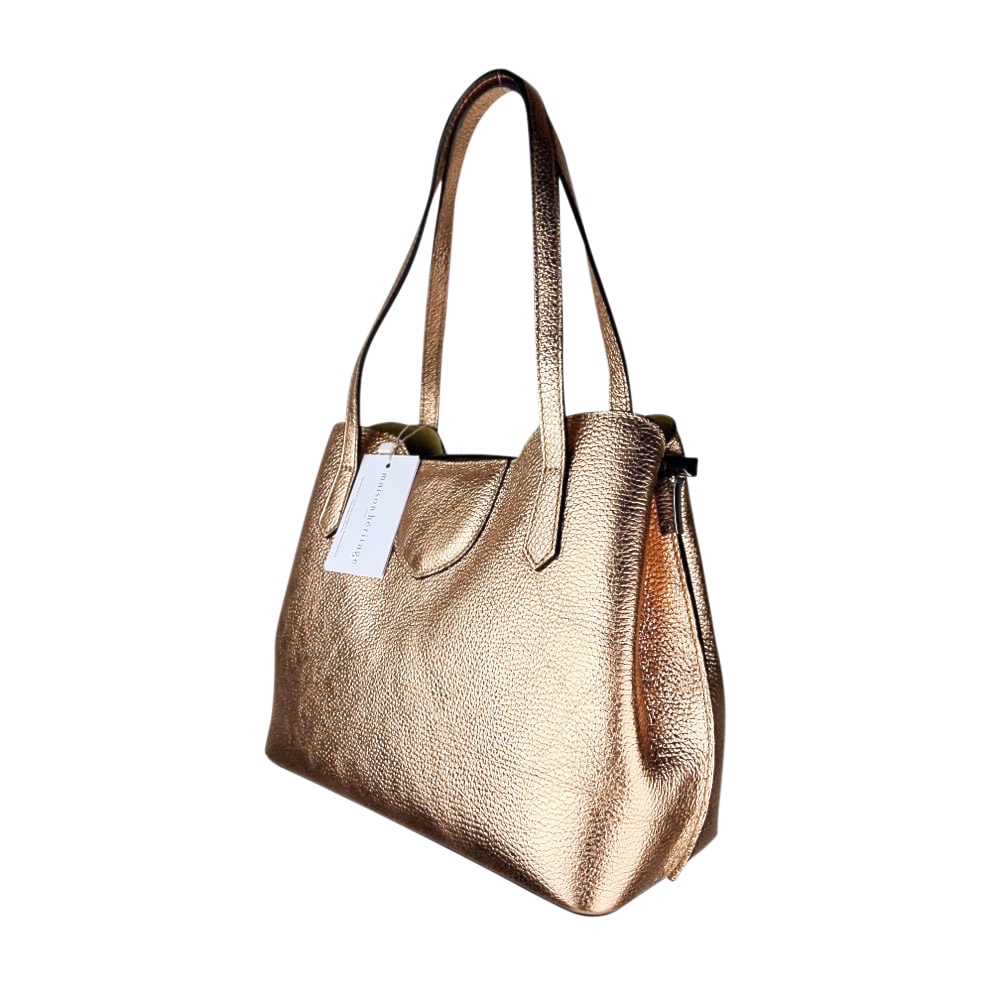 Handgefertigte Leder-Schultertasche Rama Rose Metallic