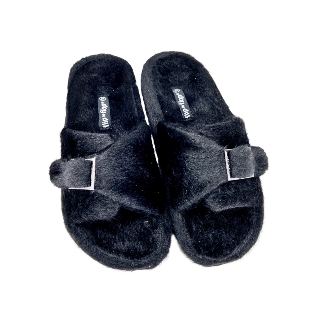 Pantoletten Fur Buckle 38 schwarz kuschelig