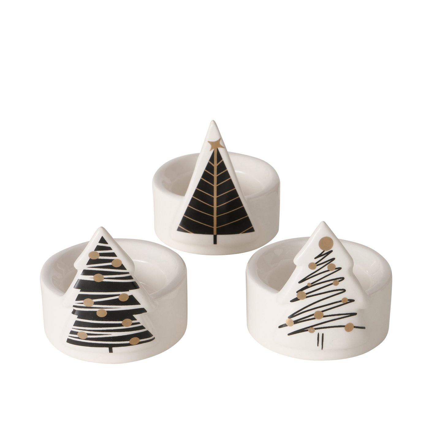 1x Teelichthalter Weihnachtsbaum Keramik Schwarz Weiß Glanz