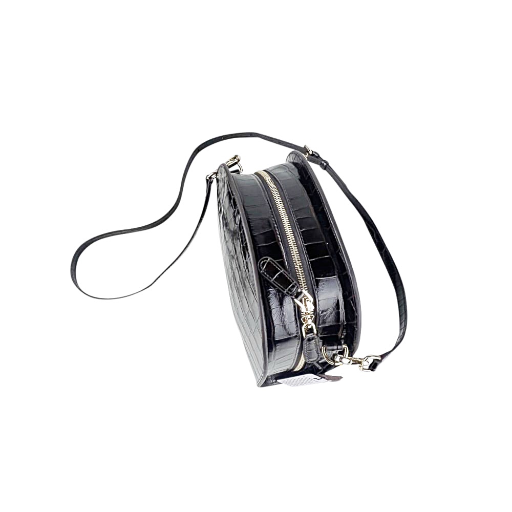 Handgefertigte Leder-Schultertasche Moon Schwarz Krokodiloptik