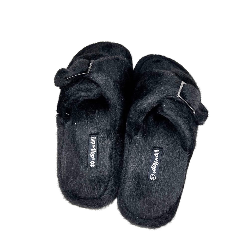 Pantoletten Fur Buckle 38 schwarz kuschelig