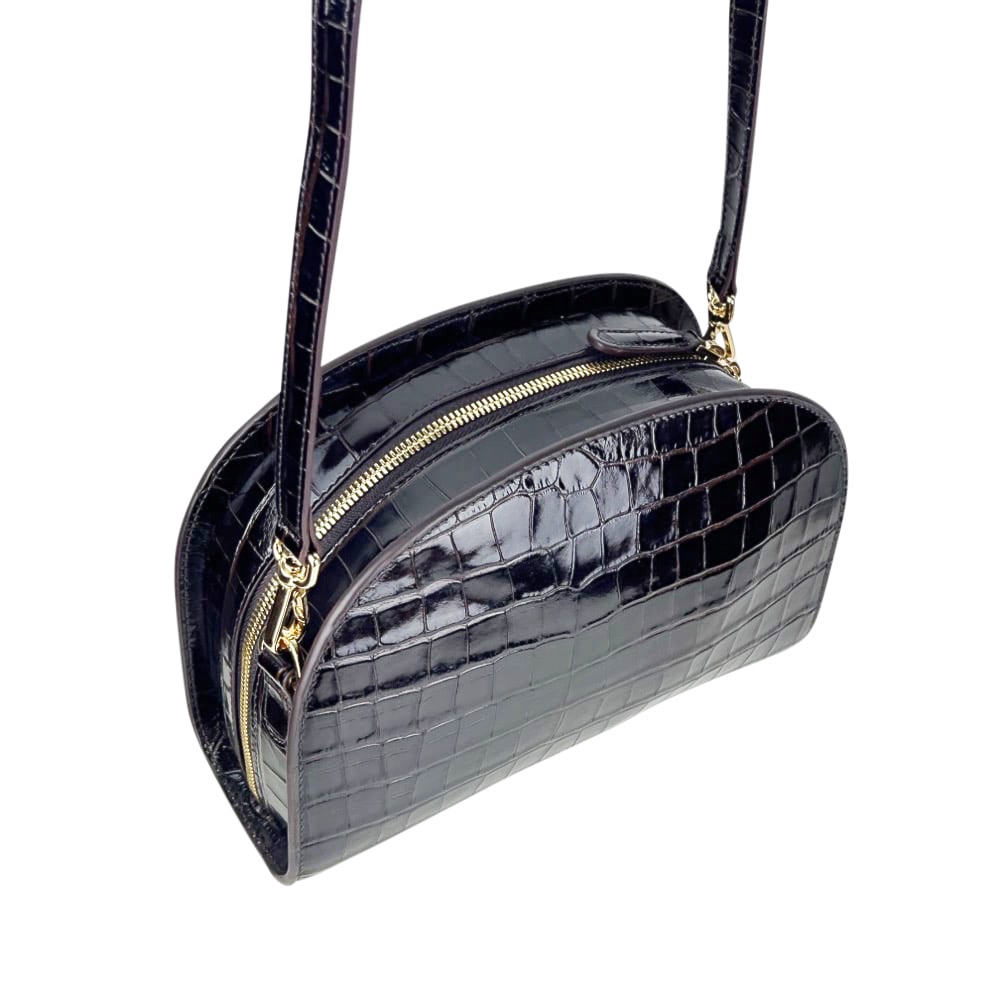 Handgefertigte Leder-Schultertasche Moon Schwarz Krokodiloptik