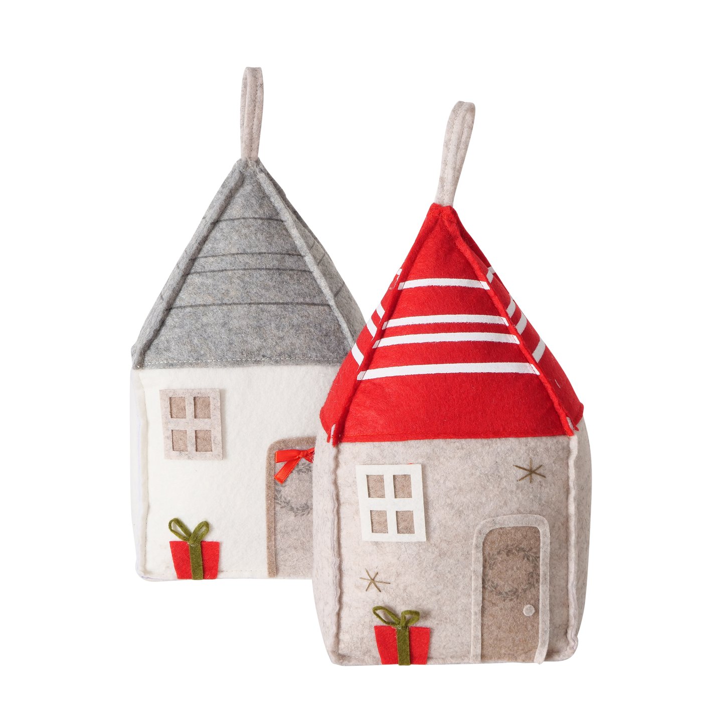 1x Türstopper Haus 31x10 cm Polyester-Filz Rot Grau Beige XMAS