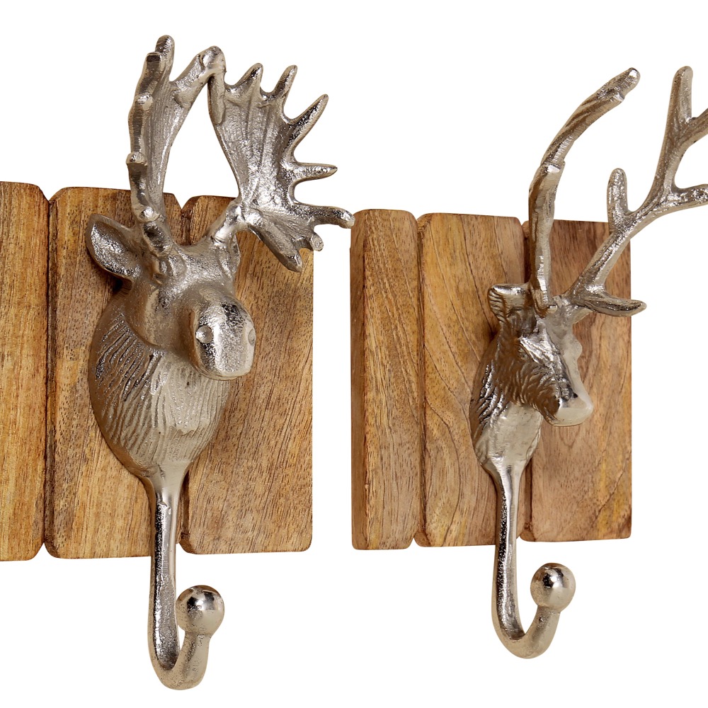 Garderobenhaken Alfons 2er-Set  H 9cm Hirsch Mango-Holz Aluminium Natur