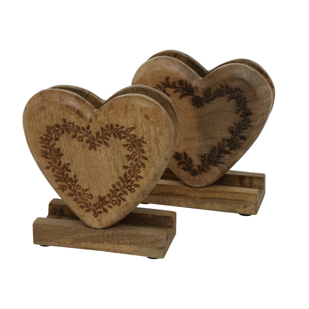 Holz-Serviettenhalter Berta 2sort. Mango Braun Natur Herz-Form 15x6x16cm