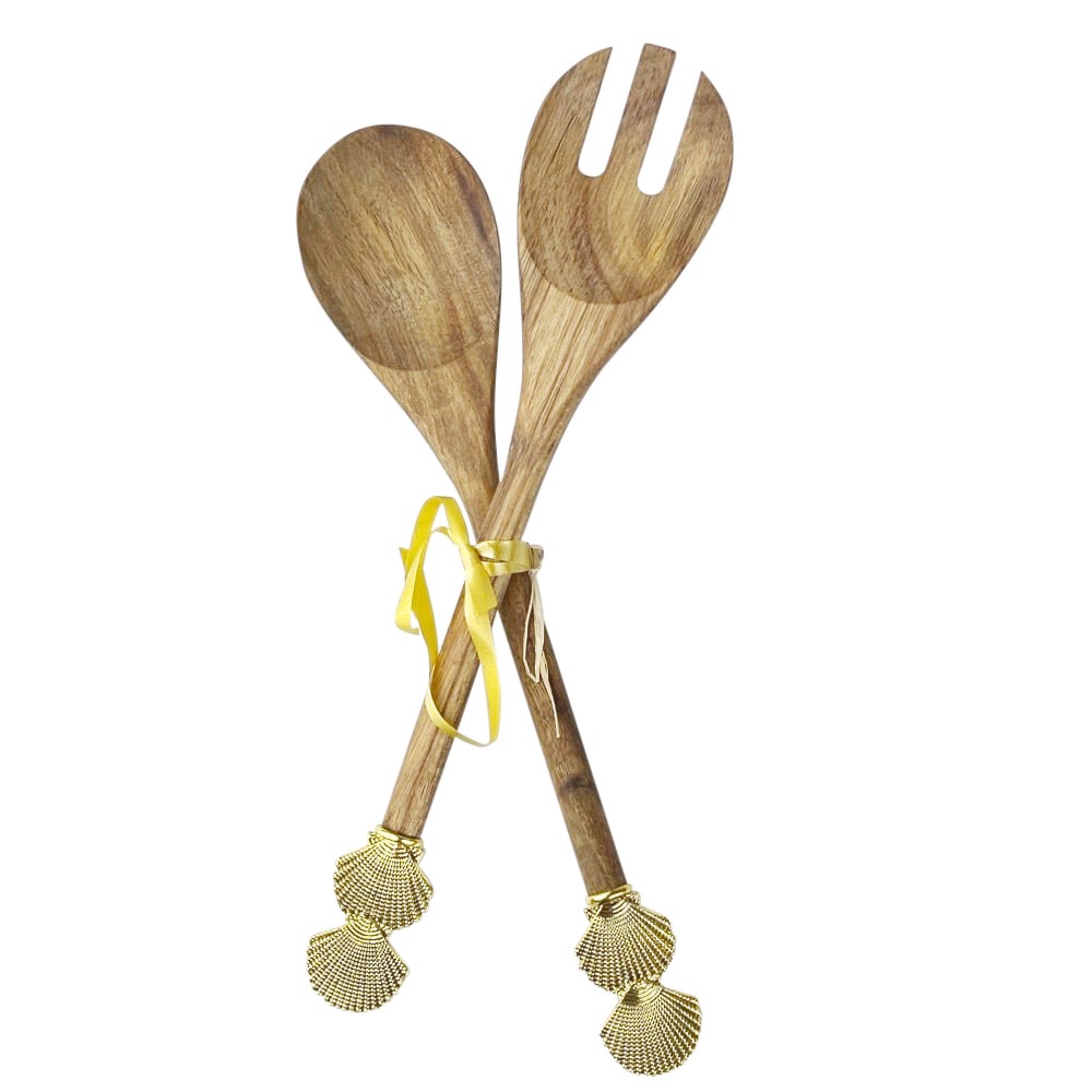 Holz Salatbesteck Shell Goldfarben am Griff 2er Set