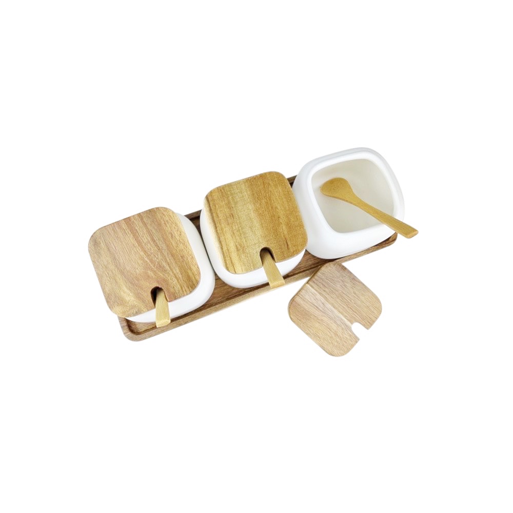 7-tlg. Aufbewahrungsdosen-Set Essentials Porzellan Akazienholz