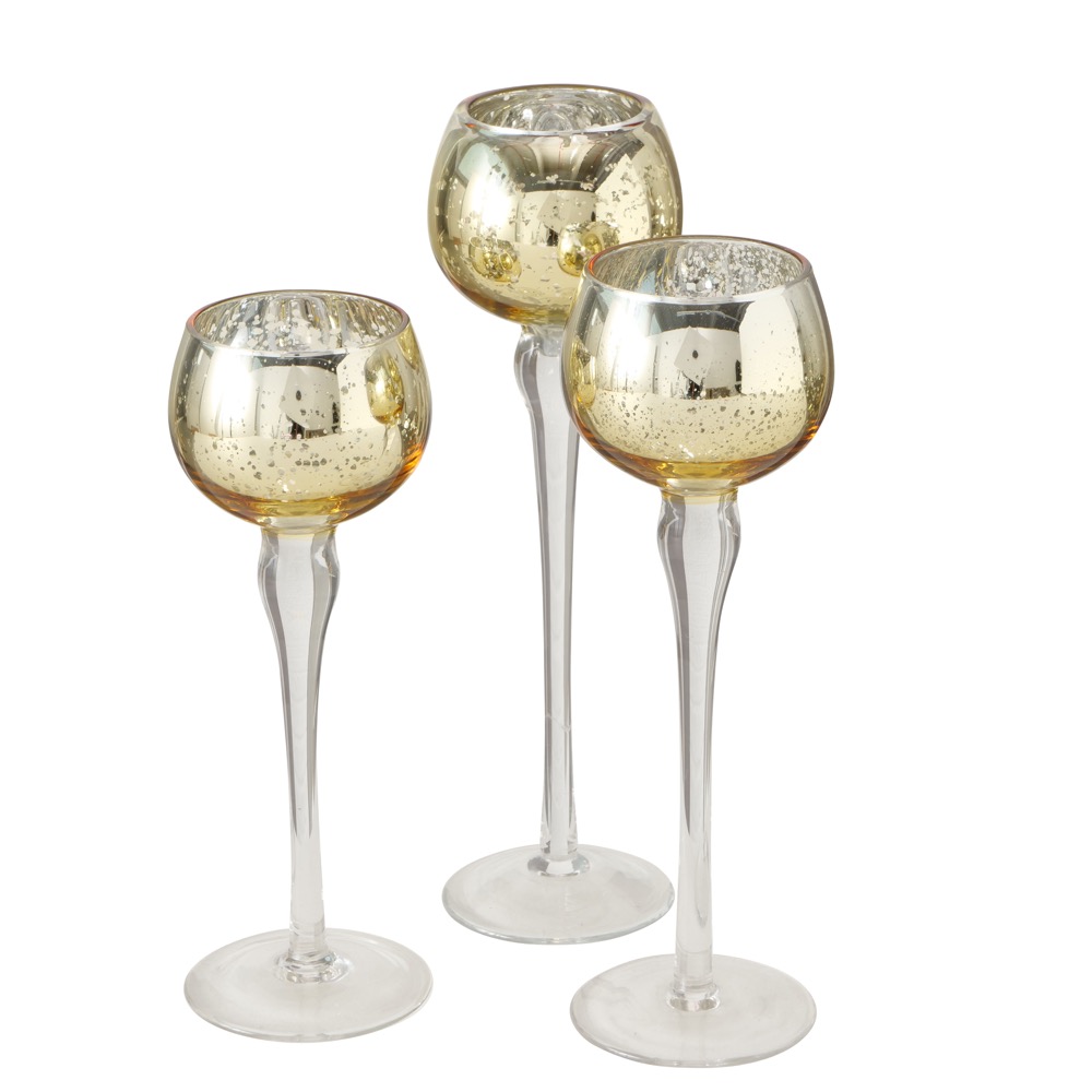 3x Windlicht Minou 3-tlg. Set Glas Teelicht Kerzenhalter goldf. 18-22cm
