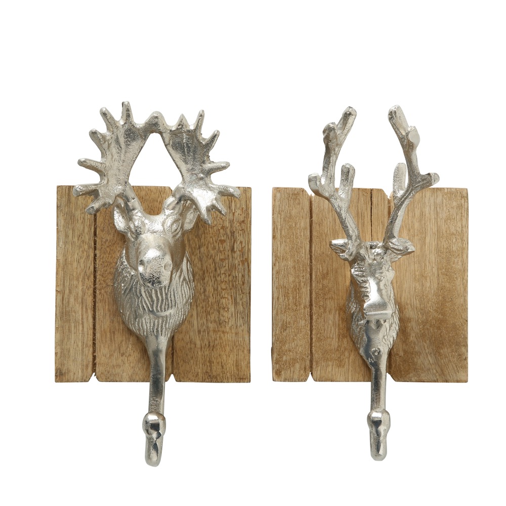 Garderobenhaken Alfons 2er-Set  H 9cm Hirsch Mango-Holz Aluminium Natur