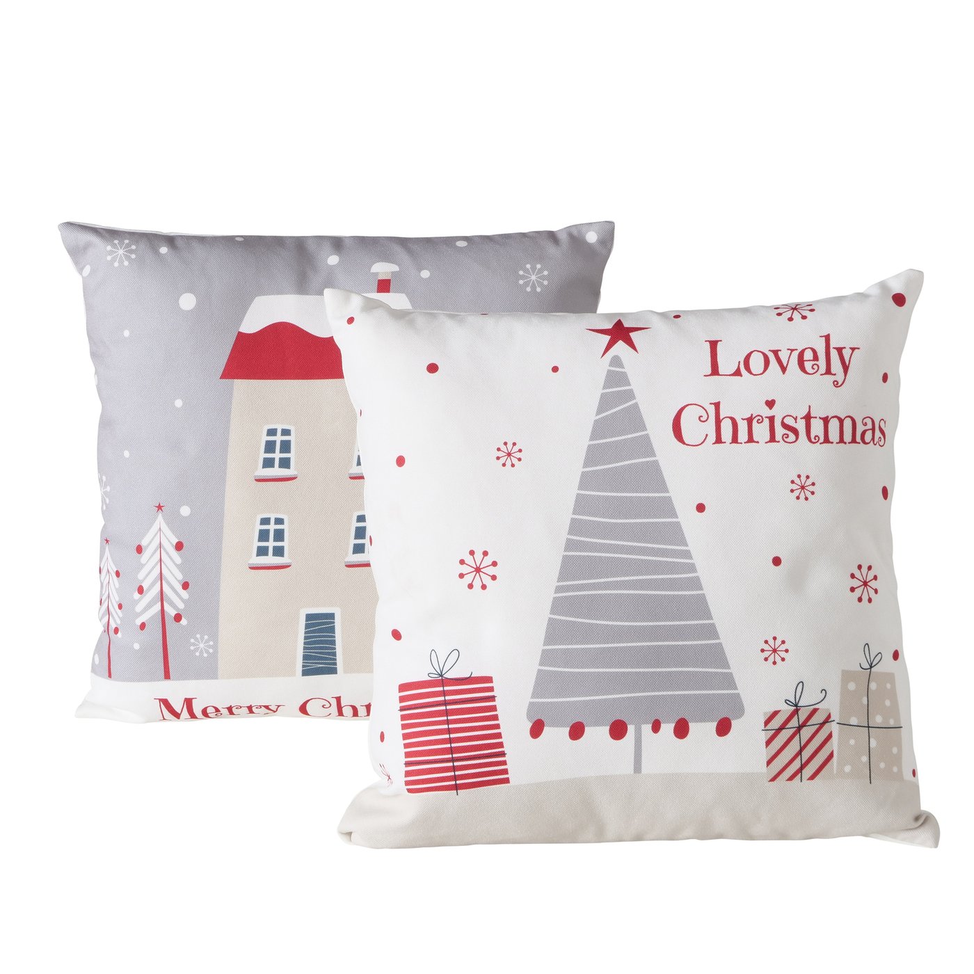 Kissen Polyester Haus Grau Rot Weiß 45x45cm XMAS