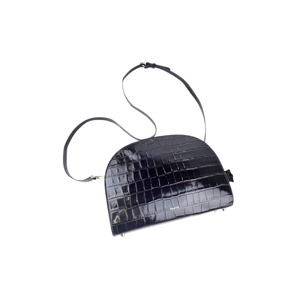 Handgefertigte Leder-Schultertasche Moon Schwarz Krokodiloptik
