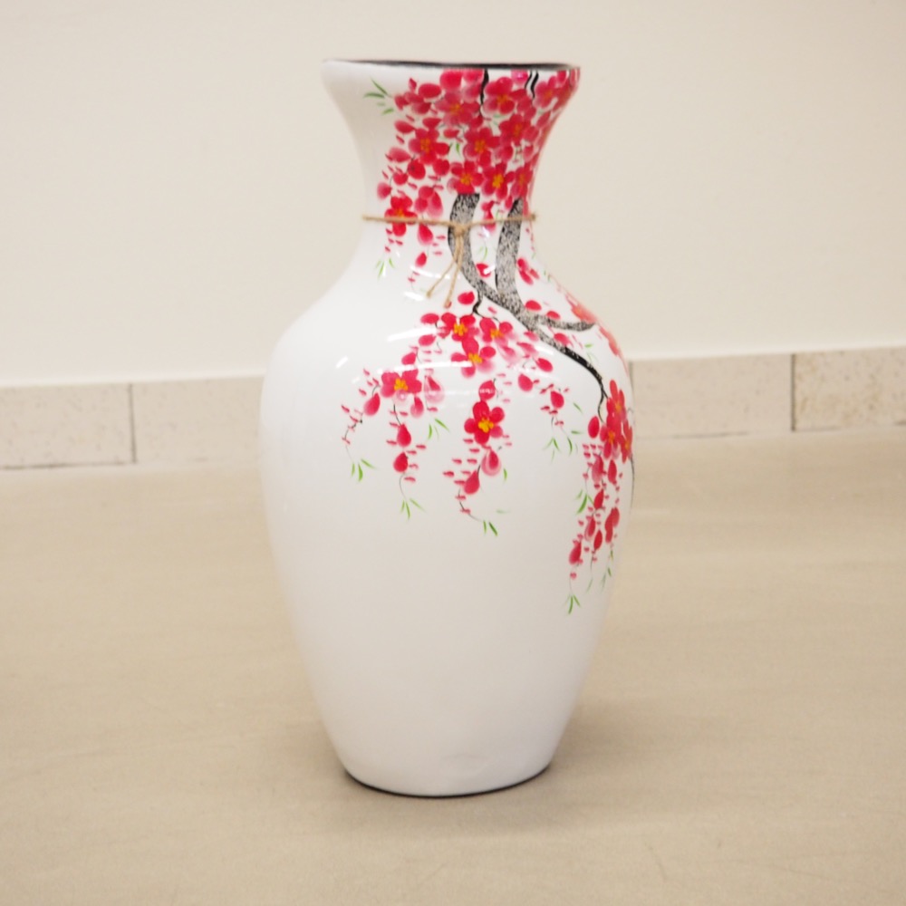 Bodenvase weiss rot Blumen Asia H 48 cm Deko-Objekt Vase