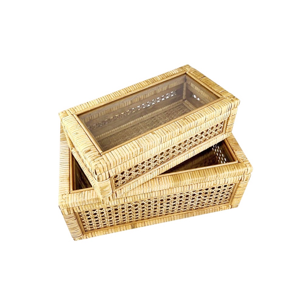 Schmuckboxen Talina 2er-Set Rattan Holz Glas Braun