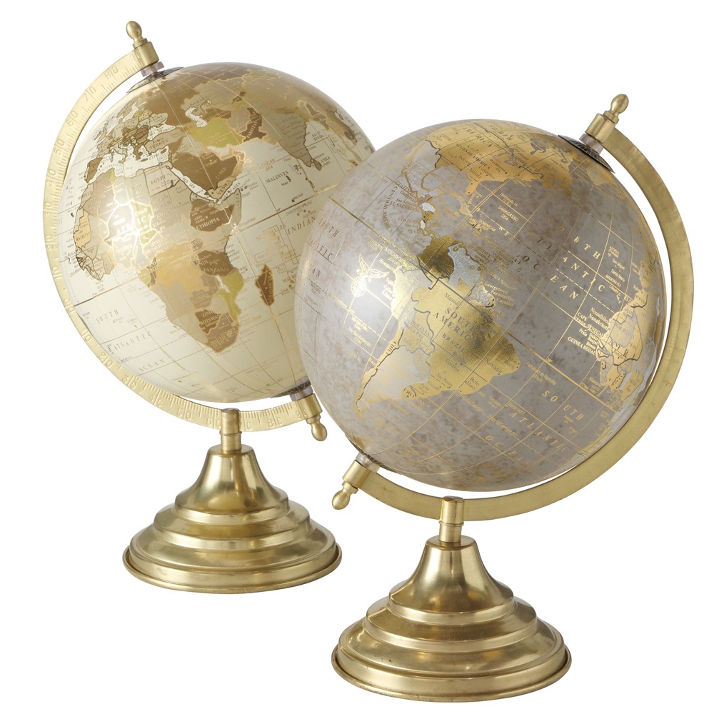 1x Dekoaufsteller Globe 2 sort.Globus Standfuß H 34 cm Papier Eisen Kunst