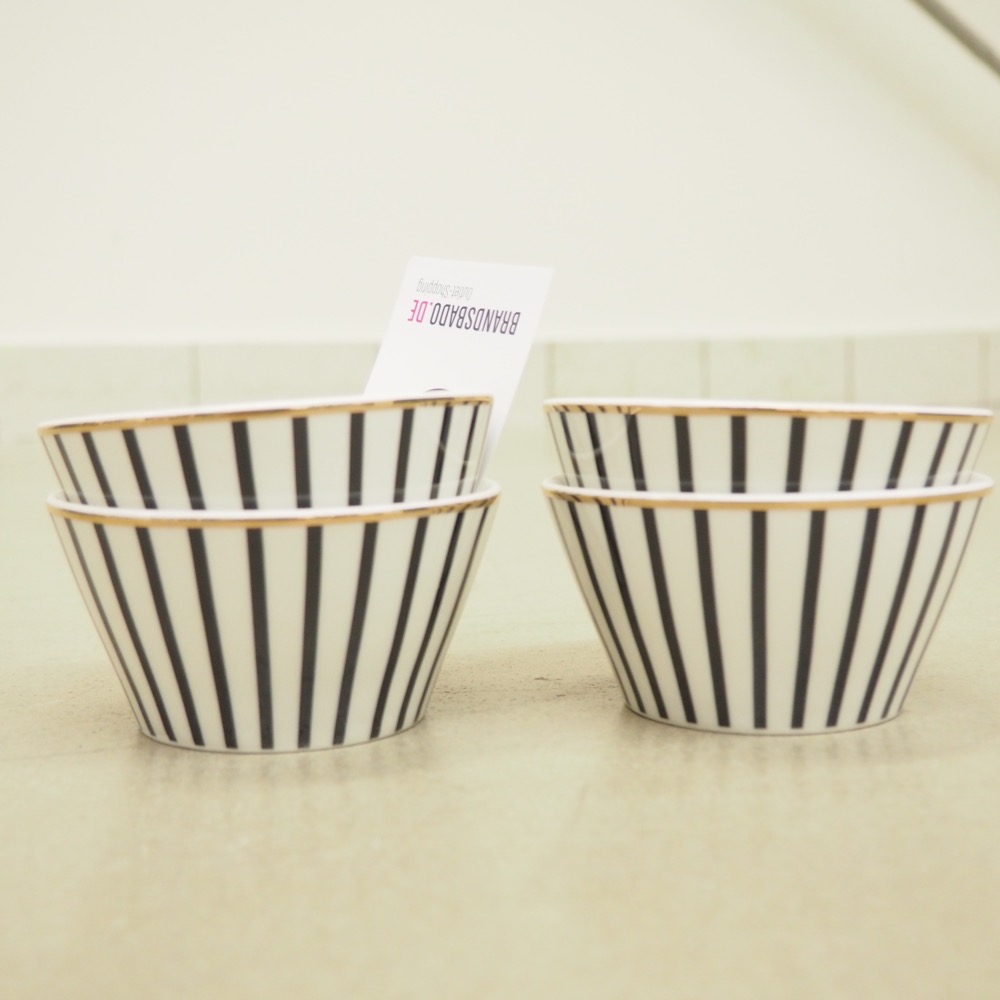 4 x Schälchen Pluto Loft Streifen Goldrand Porzellan schwarz-weiß