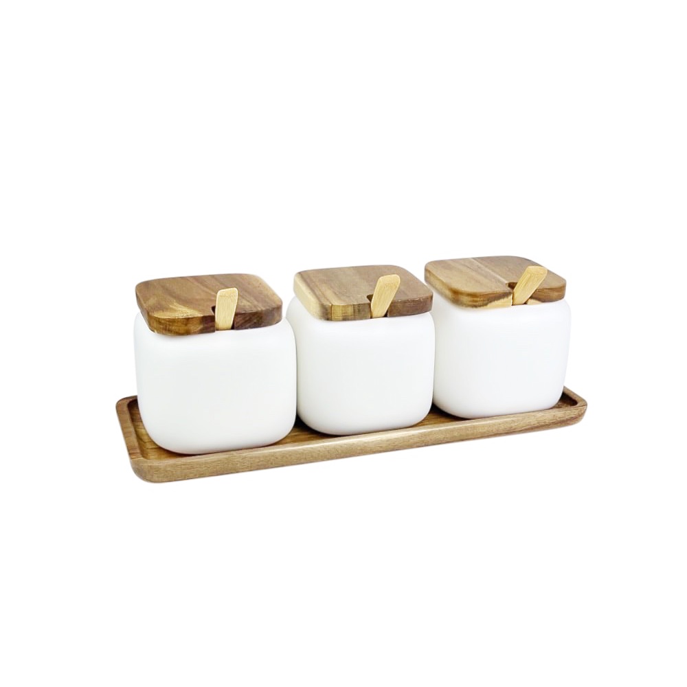 7-tlg. Aufbewahrungsdosen-Set Essentials Porzellan Akazienholz