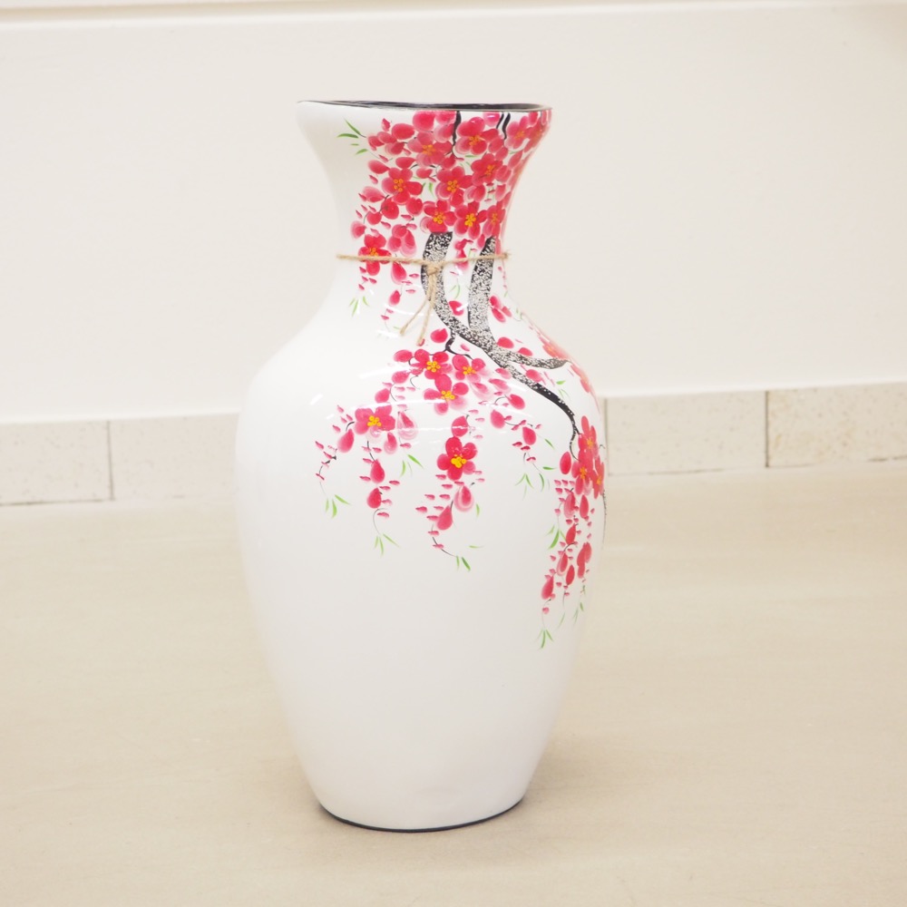 Bodenvase weiss rot Blumen Asia H 48 cm Deko-Objekt Vase