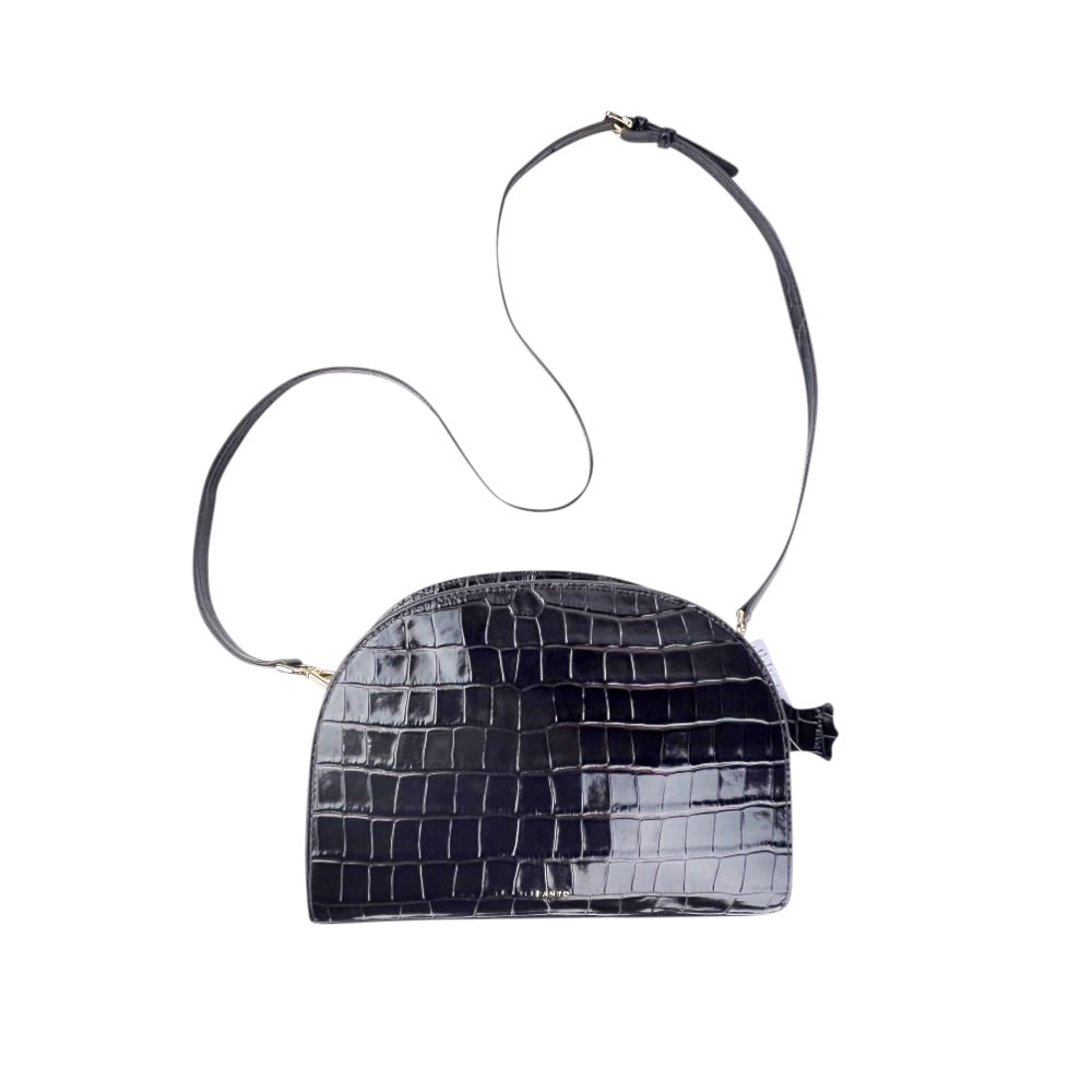 Handgefertigte Leder-Schultertasche Moon Schwarz Krokodiloptik