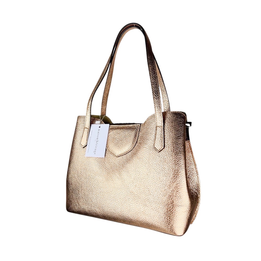 Handgefertigte Leder-Schultertasche Rama Rose Metallic