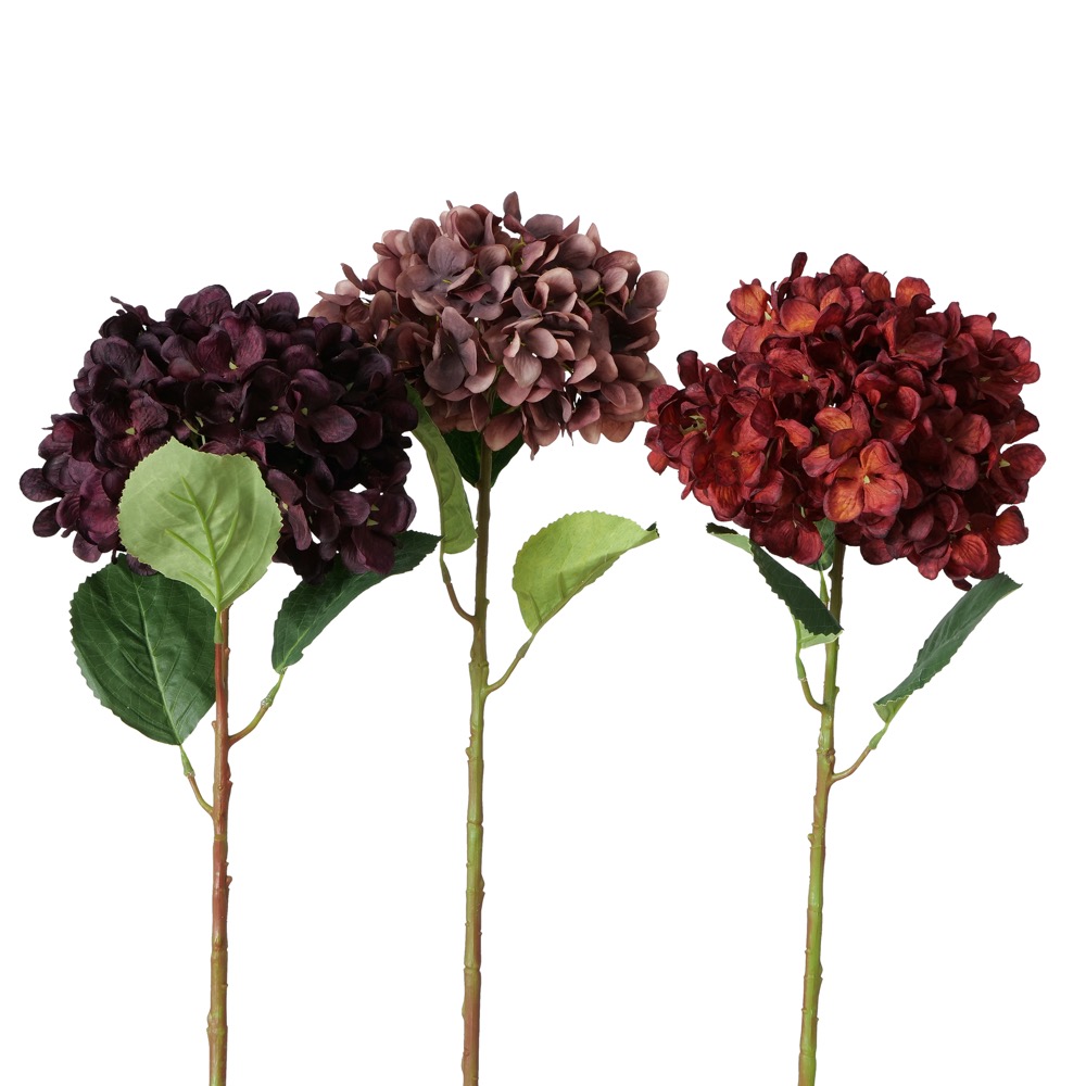 Künstliche Blume 3sort. Hortensie Dunkellila Dunkelrot Altrosa Deko L57cm