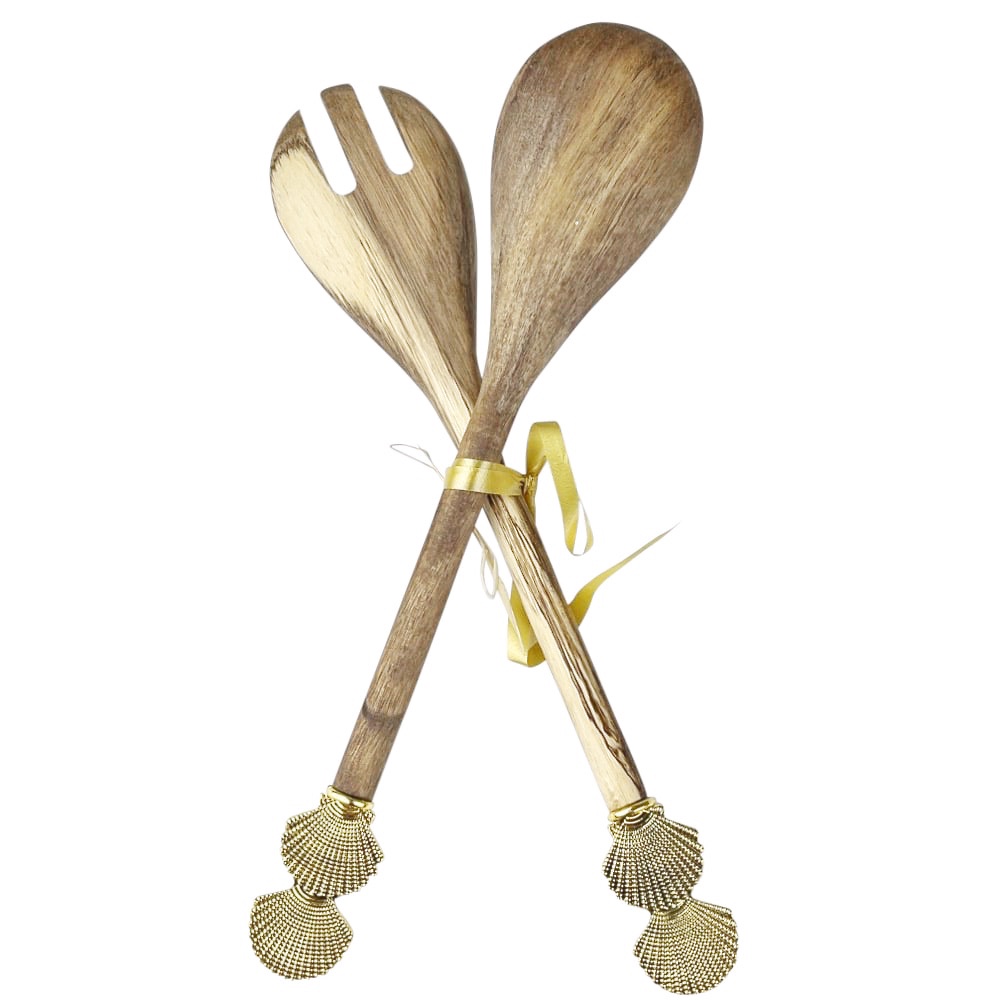 Holz Salatbesteck Shell Goldfarben am Griff 2er Set