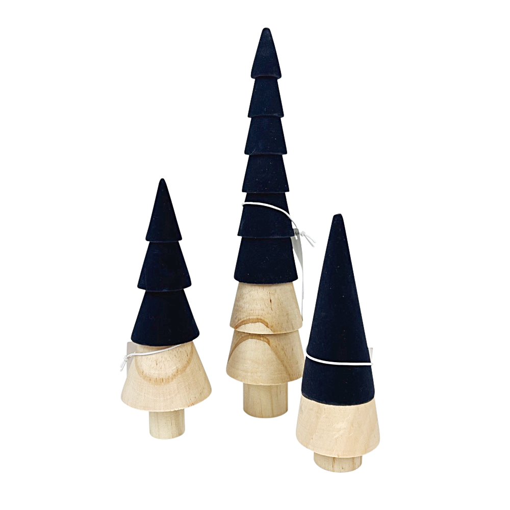 3 Samt-Deko-Bäume-Set Thace Holz Dunkelblau