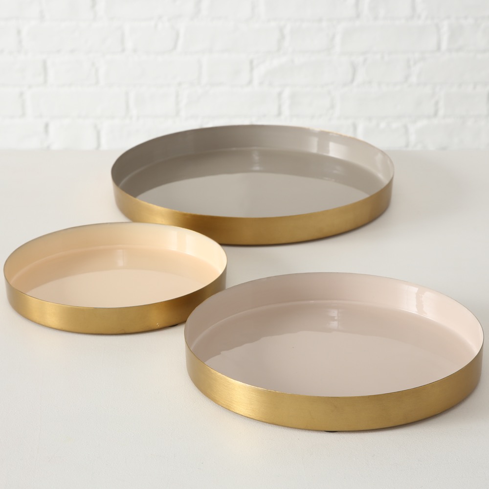 Deko-Tablett Ayra 3 tlg. Eisen rund Taupe Braun Gold Durchm. 22-31 cm